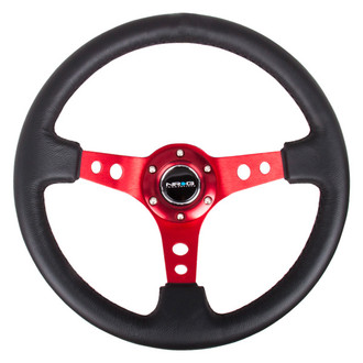 NRG Innovations® - 3-Spoke Black Leather Reinforced Steering Wheel with Center Mark and Round Holes