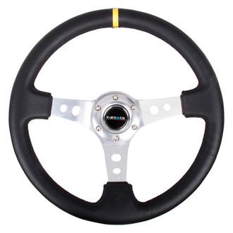 NRG Innovations® - 3-Spoke Black Leather Reinforced Steering Wheel with Round Holes and Center Mark