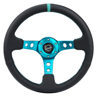 NRG Innovations® - 3-Spoke Black Leather Reinforced Steering Wheel with Round Holes and Center Mark
