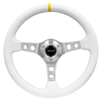 NRG Innovations® - 3-Spoke White Leather Reinforced Steering Wheel with Round Holes and Center Mark