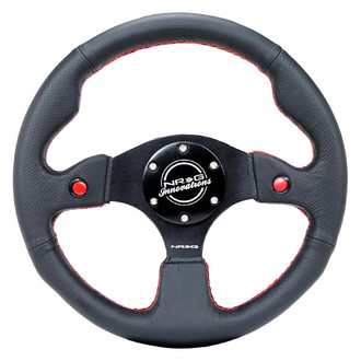 NRG Innovations® - 3-Spoke Black Leather Reinforced Steering Wheel with Dual Buttons