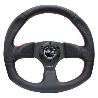 NRG Innovations® - 3-Spoke Black Leather D-Shape Reinforced Steering Wheel with Red Stitch