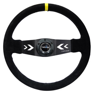 NRG Innovations® - 2-Spoke Black Suede Reinforced Steering Wheel with NRG "Arrow" Cut Out in The Spoke