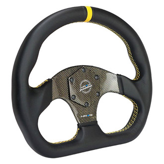 NRG Innovations® - 3-Spoke Flat Bottom Black Leather Reinforced Steering Wheel with Yellow Center Mark and Carbon Fiber Center Spoke