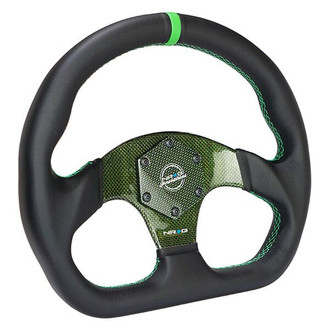 NRG Innovations® - 3-Spoke Flat Bottom Black Leather Reinforced Steering Wheel with Green Center Mark and Carbon Fiber Center Spoke