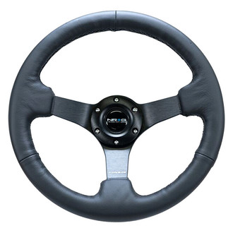 NRG Innovations® - 3-Spoke Black Reinforced Steering Wheel with Black Matte Spokes and Criss Cross Stitching