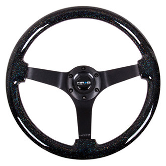 NRG Innovations® - 3-Spoke Classic Black Sparkled Wood Grain Reinforced Steering Wheel with Black Chrome Spokes