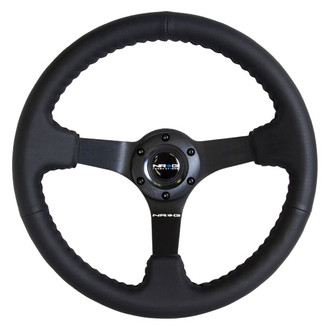 NRG Innovations® - 3-Spoke Black Leather Reinforced Steering Wheel with Matte Black Steel Spokes and Black Baseball Stitching