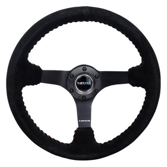 NRG Innovations® - 3-Spoke Black Suede Reinforced Steering Wheel with Matte Black Spokes and Red Baseball Stitching