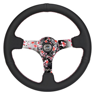 NRG Innovations® - 3-Spoke Hydro Dipped Sakura Floral Black Reinforced Steering Wheel
