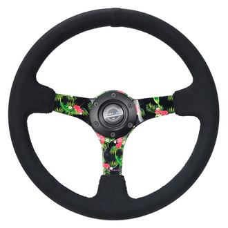 NRG Innovations® - 3-Spoke Forrest Wang Formula Drift Pro Driver Reinforced Steering Wheel with Black Criss Cross Stitching