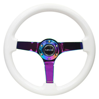 NRG Innovations® - 3-Spoke Classic White Wood Grain Reinforced Steering Wheel with Neo Chrome Spokes