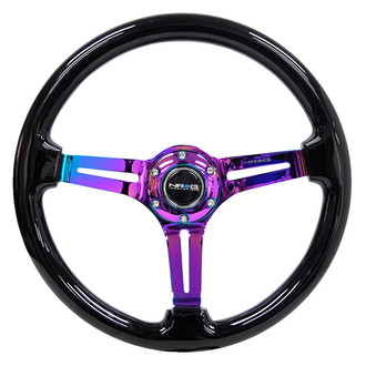 NRG Innovations® - 3-Spoke Classic Slotted Black Wood Grain Reinforced Steering Wheel with Neo Chrome Spokes