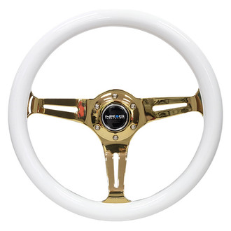 NRG Innovations® - 3-Spoke Classic White Wood Grain Steering Wheel with Gold Chrome Spokes