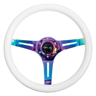 NRG Innovations® - 3-Spoke Luminor Series Classic Wood Grain Steering Wheel with Neo Chrome Spokes and Green Glowing
