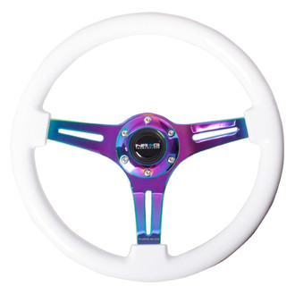 NRG Innovations® - 3-Spoke Classic White Wood Grain Steering Wheel with Neo Chrome Spokes