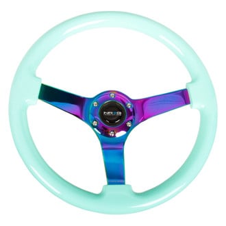 NRG Innovations® - 3-Spoke Minty Fresh Wood Grain Reinforced Steering Wheel with Neo Chrome Spokes