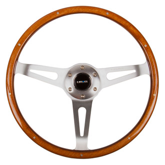 NRG Innovations® - 3-Spoke Polished Aluminum Design Classic Wood Grain Steering Wheel with Metal Inserts