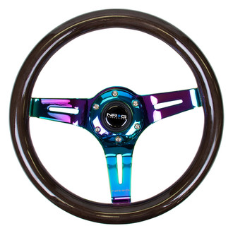 NRG Innovations® - 3-Spoke Classic Black Wood Grain Steering Wheel with Neo Chrome Spokes