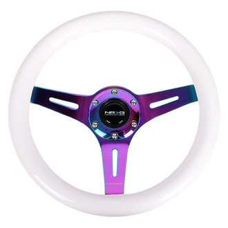 NRG Innovations® - 3-Spoke Classic White Wood Grain Steering Wheel with Neo Chrome Spokes