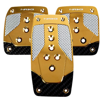 NRG Innovations® - Manual Gold Chrome Aluminum Pedal Pad Set with Black Carbon Fiber