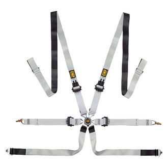 OMP® - 6-Point Saloon™ Safety Harness Set with Pull Down Ergal Adjuster, Black/White
