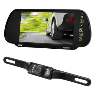 Pyle® PLCM7200 - Rear View Mirror with Built-in 7" Monitor and Top License Plate Mount Camera with Night Vision