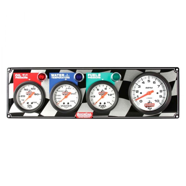 QuickCar Racing® - Standard 4-Gauge Panel (Oil Pressure/Water Temp/Fuel Pressure/3-3/8" Tachometer), Checkered