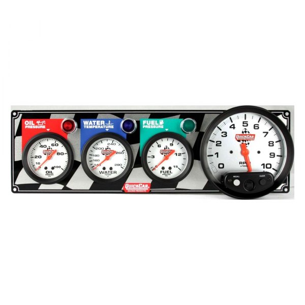 QuickCar Racing® - Standard 4-Gauge Panel (Oil Pressure/Water Temp/Fuel Pressure/5" Tachometer), Checkered