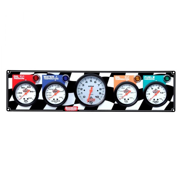 QuickCar Racing® - Standard 5-Gauge Panel (Oil Pressure/Water Temp/3-3/8" Tachometer/Oil Temp/Fuel Pressure), Checkered
