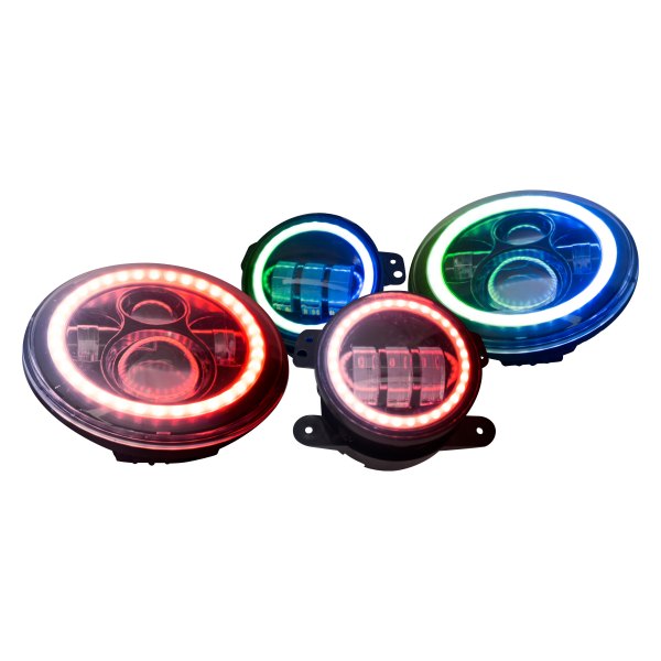 Race Sport® - ColorSMART™ 7" Round Black Chasing RGB Halo Projector LED Headlights with Fog Lights