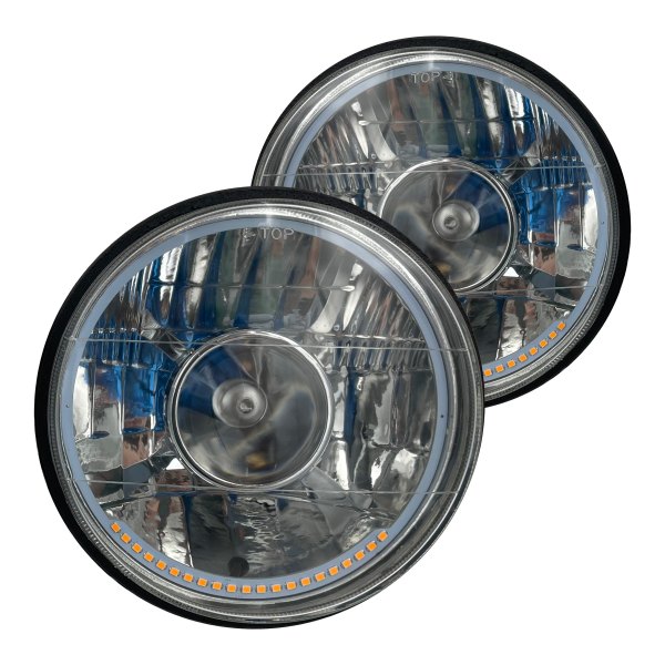 RedLine LumTronix® - 7" Round Chrome White Diamond Projector Headlights with LED Turn Signal