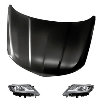 Replacement - 3-Piece Kit (Driver and Passenger Side Headlight Lenses and Housings, Hood Panel) (CAPA Certified)