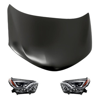 Replacement - 3-Piece Kit (Driver and Passenger Side Headlight Lenses and Housings, Hood Panel) (CAPA Certified)