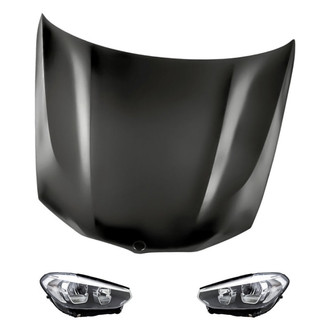 Replacement - 3-Piece Kit (Driver and Passenger Side Headlight Lenses and Housings, Hood Panel) (CAPA Certified)