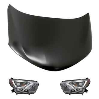 Replacement - 3-Piece Kit (Driver and Passenger Side Headlight Lenses and Housings, Hood Panel) (CAPA Certified)