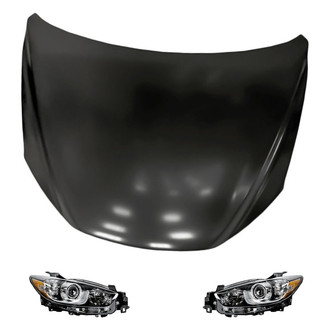 Replacement - 3-Piece Kit (Driver and Passenger Side Headlight Lenses and Housings, Hood Panel) (CAPA Certified)
