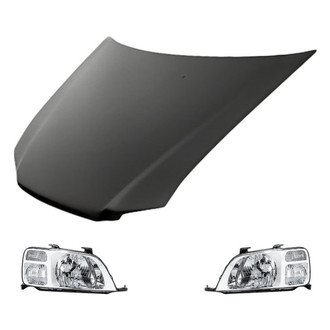 Replacement - 3-Piece Kit (Driver and Passenger Side Headlight Lenses and Housings, Hood Panel) (CAPA Certified)