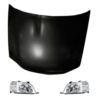 Replacement - 3-Piece Kit (Driver and Passenger Side Headlight Lenses and Housings, Hood Panel) (CAPA Certified)