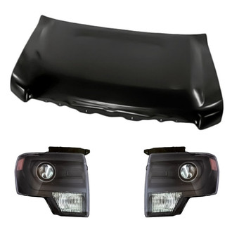 Replacement - 3-Piece Kit (Driver and Passenger Side Headlight Lenses and Housings, Hood Panel) (CAPA Certified)