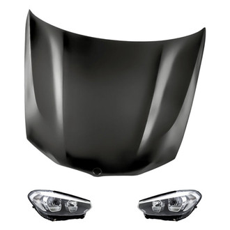 Replacement - 3-Piece Kit (Driver and Passenger Side Headlight Lenses and Housings, Hood Panel) (Standard Line)