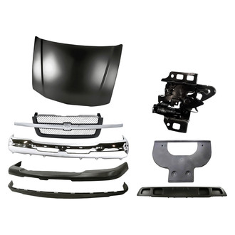 Replacement - 8-Piece (Front Upper Bumper Cover, Grille, Front Bumper Face Bar, Front Lower Bumper Deflector Extension, Front Bumper Air Deflector, Hood Panel, Front License Plate Bracket w/o Mounting Hardware, Hood Latch) (Standard Line)