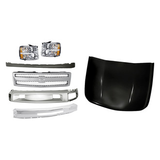 Replacement - 7-Piece Kit (Driver Side Headlight, Front Bumper Deflector, Front Bumper Deflector Extension, Front Bumper Face Bar, Grille, Hood Panel, Passenger Side Headlight)