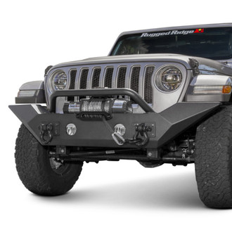 Rugged Ridge® - Spartan Full Width Satin Black Front Winch HD Bumper with Overrider Hoop