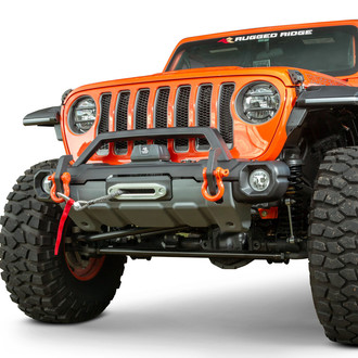 Rugged Ridge® - Venator Stubby Black Powder Coated Front Winch Modular Bumper with Hoop