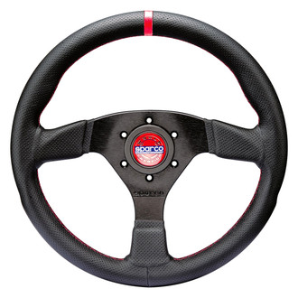 Sparco® - 3-Spoke R383 Series Champion Black Leather Steering Wheel with Red Center Mark