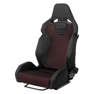 Spec-D® - Black Suede and Red Bird-Eye Mesh Cloth Reclinable Racing Seat, with Double Black Stitch and Harnesss Slots