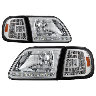 Spyder® - Driver and Passenger Side Chrome Euro Headlights with LED Turn Signal and Parking