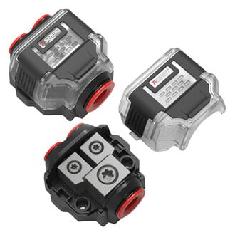 T-Spec® - Black Nickel Plated 2-Position Power & Ground Distribution Block (1 x 0/1 to 4 AWG In, 2 x 0/1 to 4 AWG Out)
