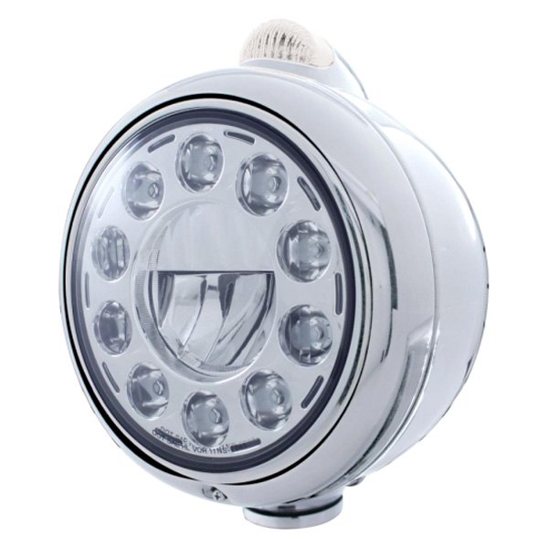 United Pacific® - 7" Round Chrome "Guide" 682-C Style LED Crystal Headlight With Dual Function Turn Signal Light